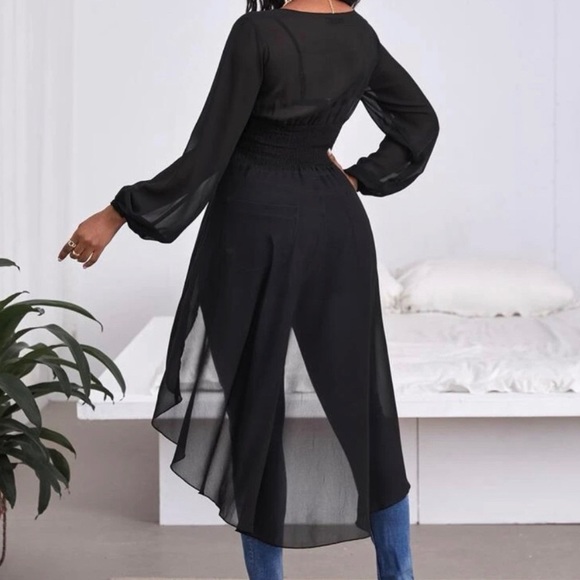 Sexy Plunging Neck Lantern Sleeve High Low Hem Top - Picture 4 of 8